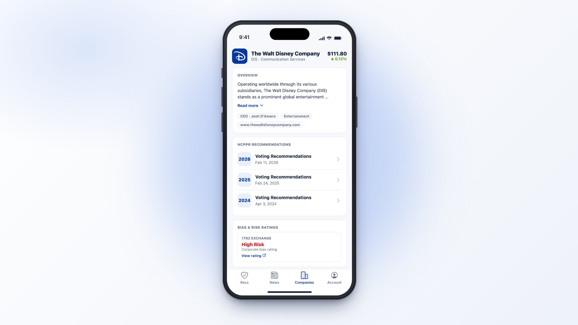 Company profile on a phone for The Walt Disney Company, with stock price, overview, voting recommendations by year and bias and risk ratings