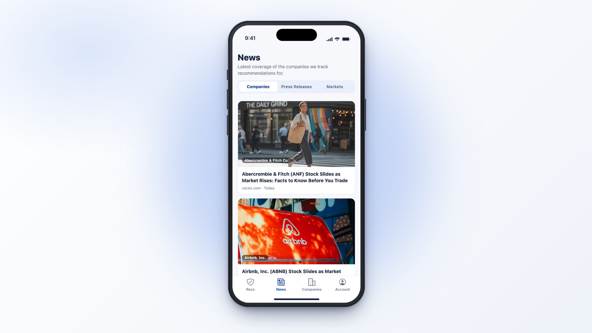 News screen on a phone, with Companies, Press Releases and Markets tabs and recent company headlines
