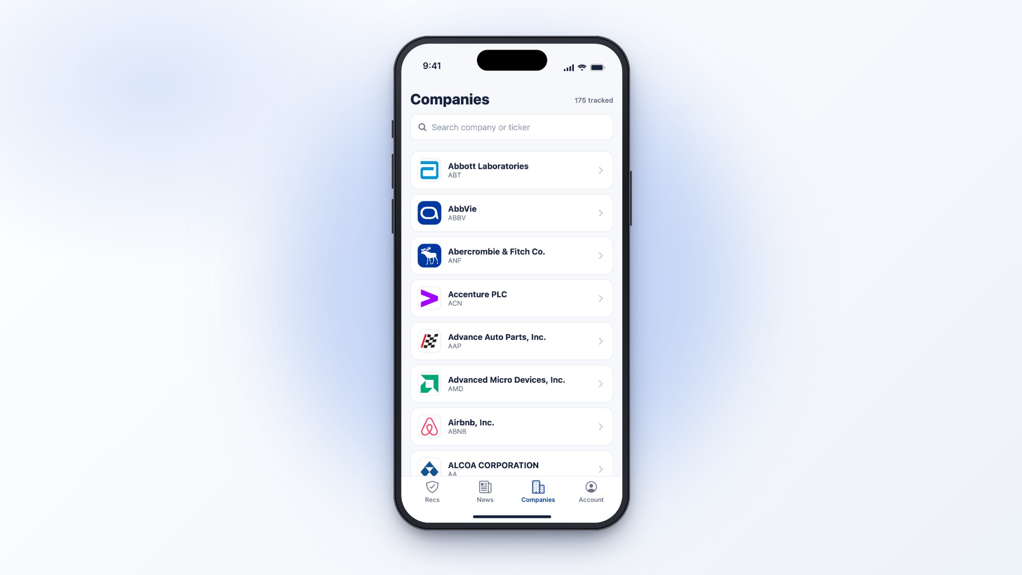 Companies screen on a phone, with a search bar and a list of tracked companies and tickers