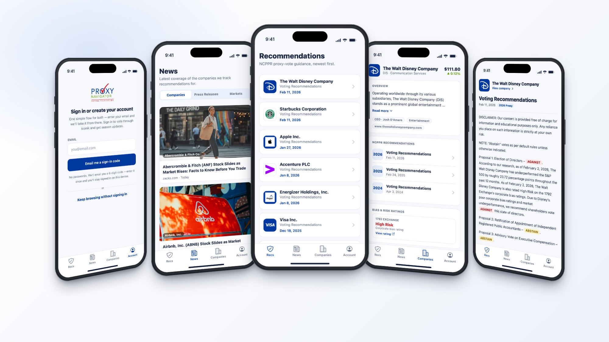 Five phone screens of the Proxy Navigator app: sign-in, news, voting recommendations, a company profile and a recommendation detail