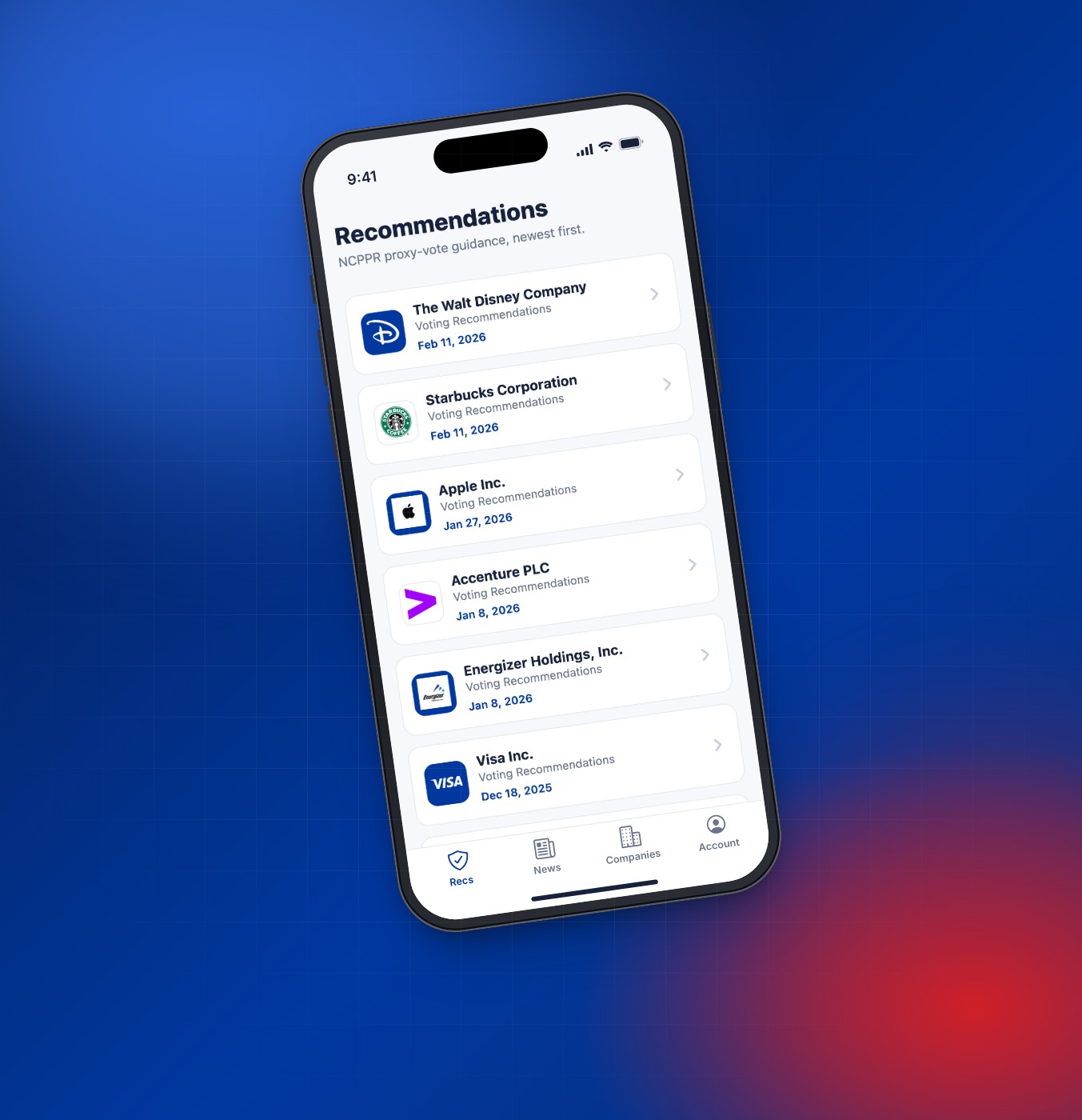 Proxy Navigator app on a smartphone showing the latest voting recommendations