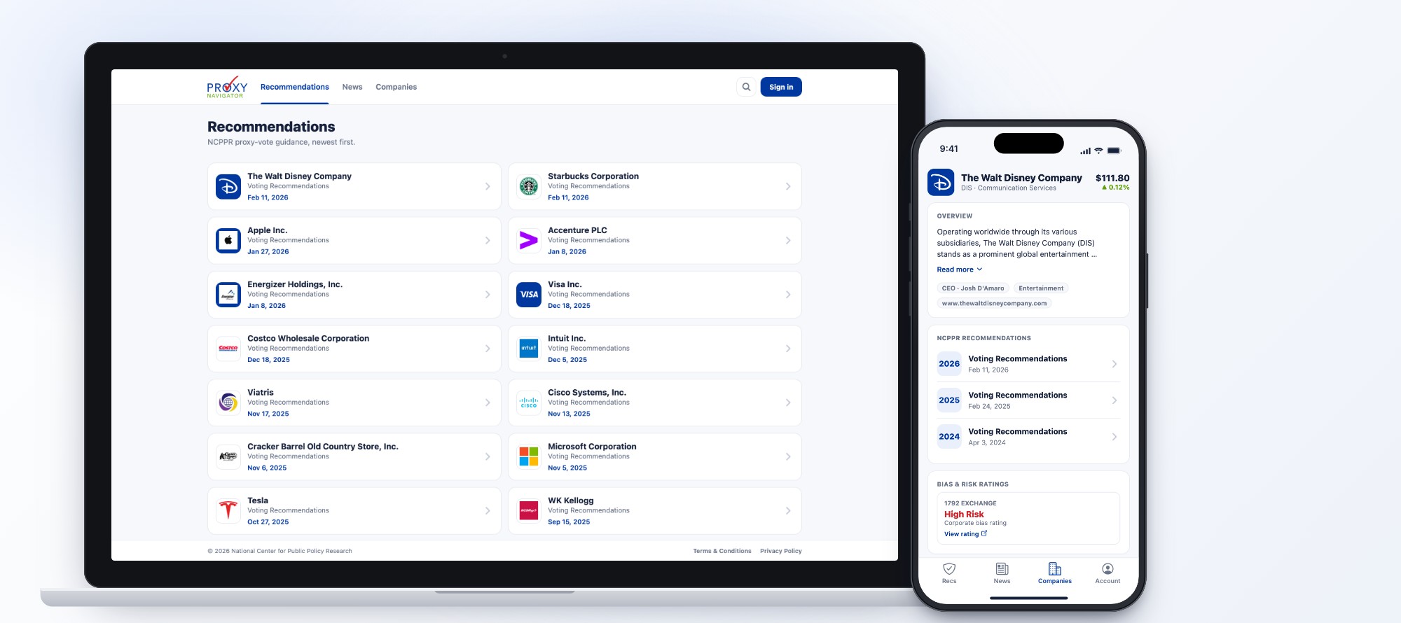 Proxy Navigator on a laptop browser and an iPhone, showing voting recommendations and a company profile. Available for iOS, Android and web.